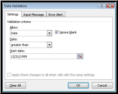 Picture of the date input options in the Settings page of the Data Validation dialog box in Excel.