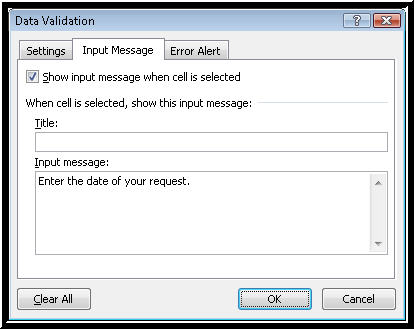 Picture of the input message options for a date field.