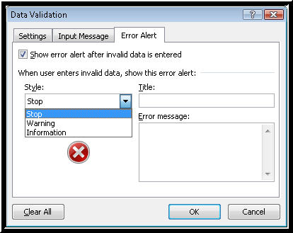 Picture of the Error Alert page in the Data Validation dialog box in Excel.