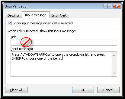 Picture of the Input Message page in the Data Validation dialog box in Excel.