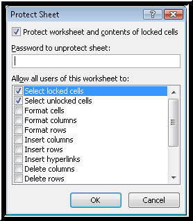 Picture of the Protect Sheet dialog box in Excel.