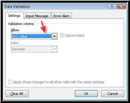 Picture of the Settings page of the Data Validation dialog box in Excel.