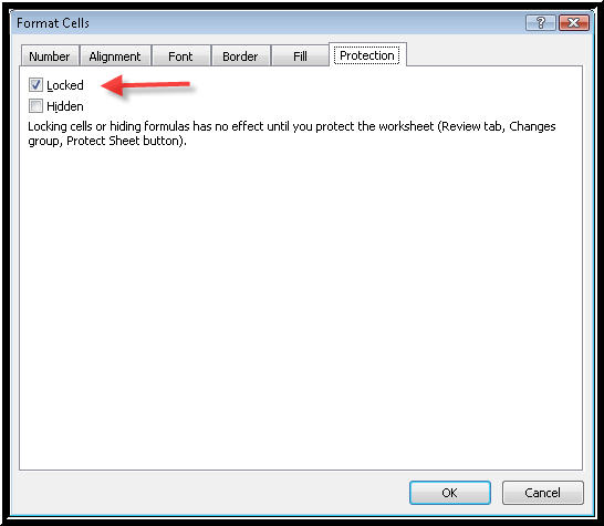 Picture of the Format Cells, Protection page in Excel.