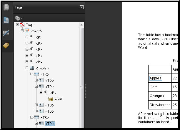 A picture showing the tags tree created by saving a Word document with a table using Acrobat PDF Maker.