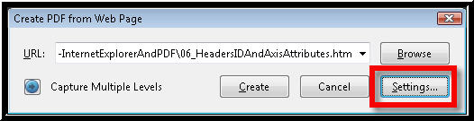 A picture showing the Create File from Web Page dialog box with the Settings button highlighted.