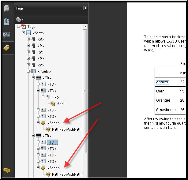 A picture showing the tags tree created by saving a Word document with a table using PDF Producer for Word 2007.