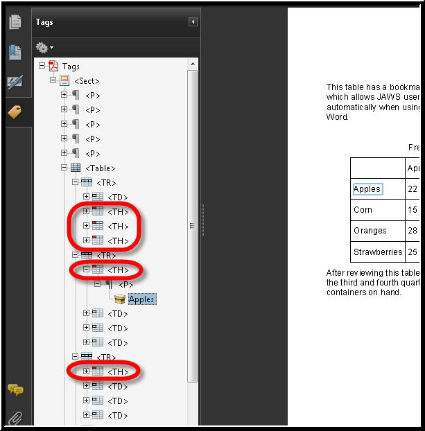 A picture showing the tags tree after changing TD (table data) tags to TH (table headers).