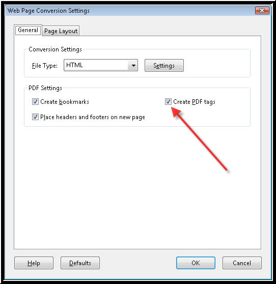 A picture showing the Web Page Conversion Settings, General tab page with Create PDF Tags checked.