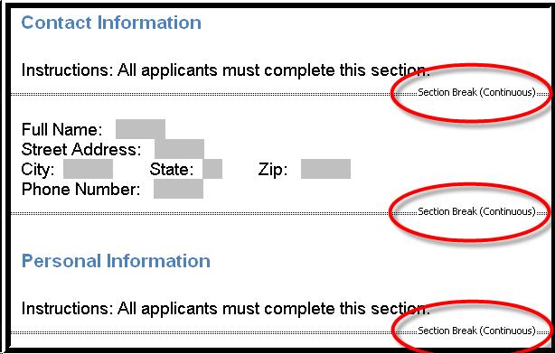 Continuous section breaks in Word showing the form sections separated from the instructions.