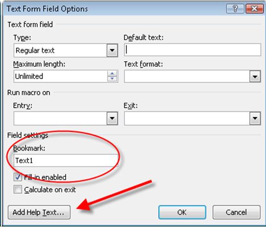 Text form field options dialog box with bookmark field circled and arrow pointing to Add Help Text button.