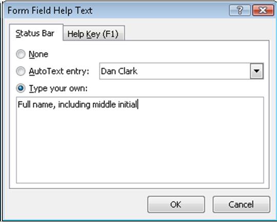Form field help text dialog box showing Type Your Own text that says "Full name, including middle initial."