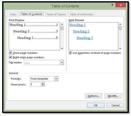 Generate Table of Contents dialog.