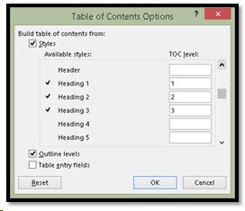 Table of Contents Options dialog.