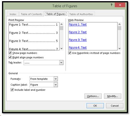 Insert Table of Figures dialog