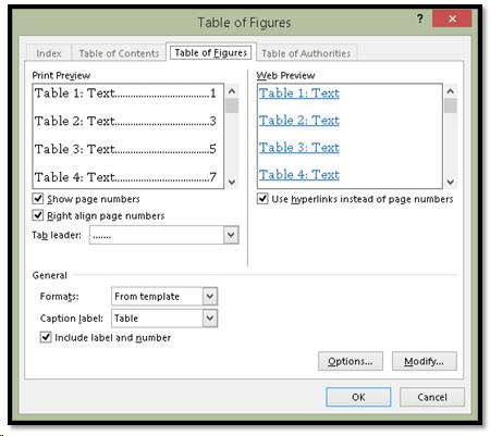 Insert Table of Tables dialog.