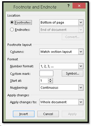 Footnote and Endnote options dialog.