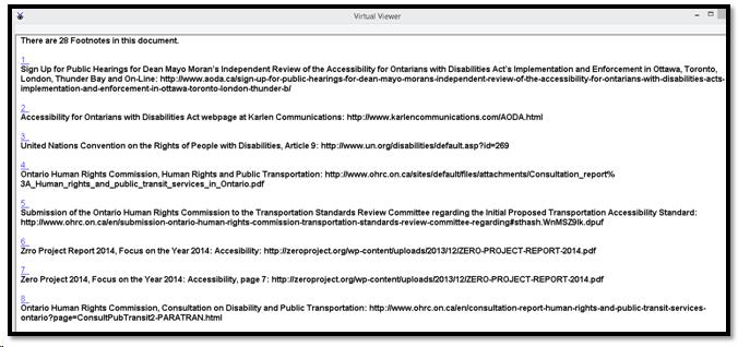 JAWS list of footnotes in a document.