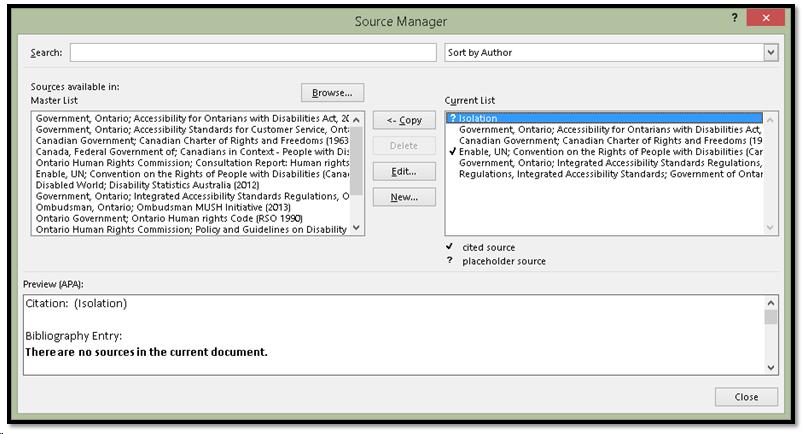 Managing Citations dialog.