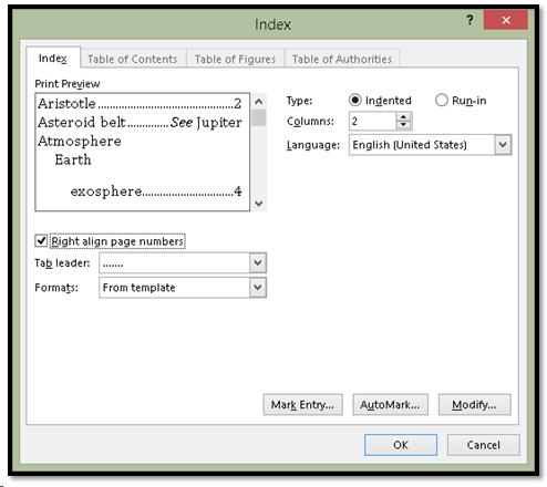 Index dialog