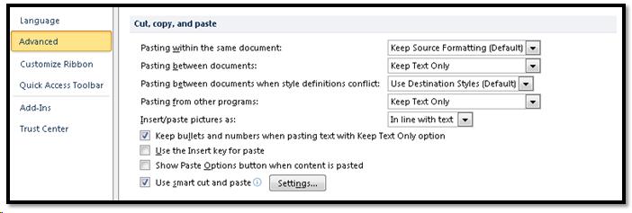 Word 2010 Copy and Paste settings