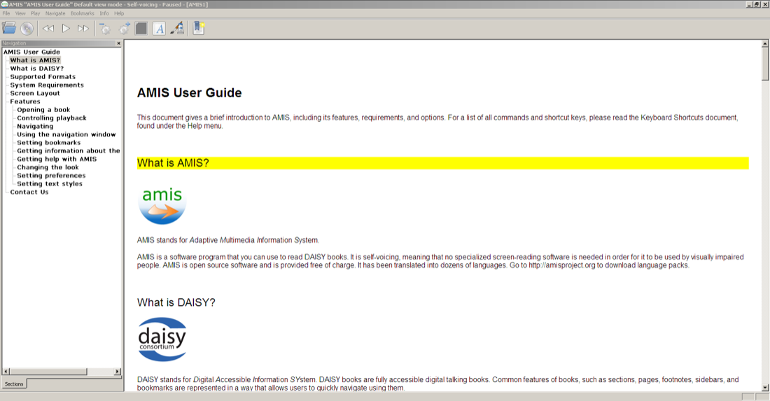 Screenshot of AMIS, showing a book open.  The navigation window is visible to the left.  The main window shows the text document with a phrase highlighted in yellow.