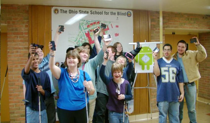 IDEAL/Apps4Android 2011 Ohio State School for the Blind (OSSB) interns holding up their Android test devices.
