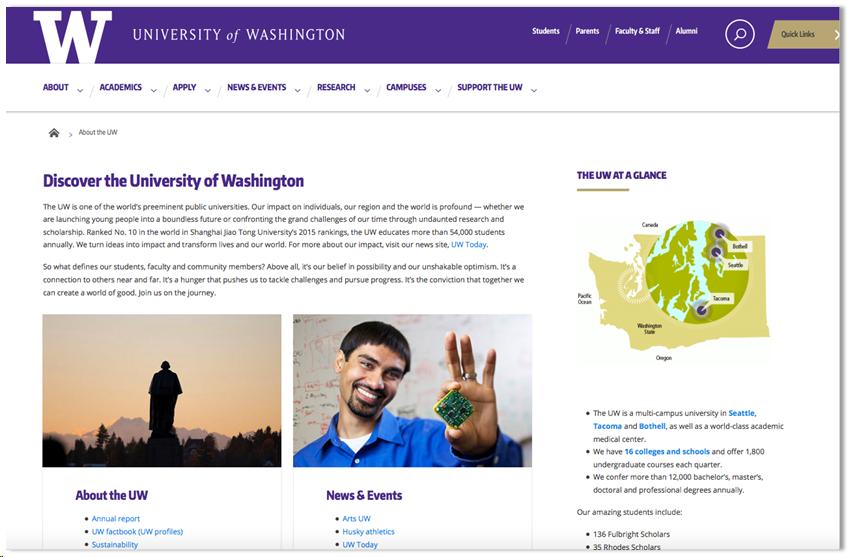 Screen shot of the University of Washington About the UW page, featuring several distinct regions 