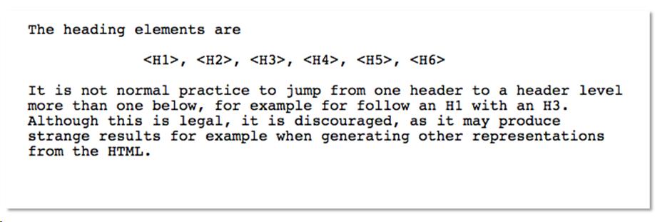 Screen shot of text from HTML 1.2, defining the six heading elements and explaining why you shouldn't skip heading levels 