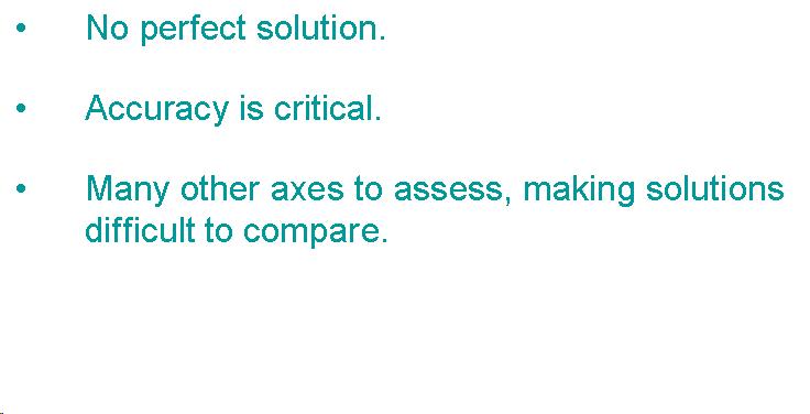 Text Box: No perfect solution. Accuracy is critical. Many other axes to assess, making solutions difficult to compare. 