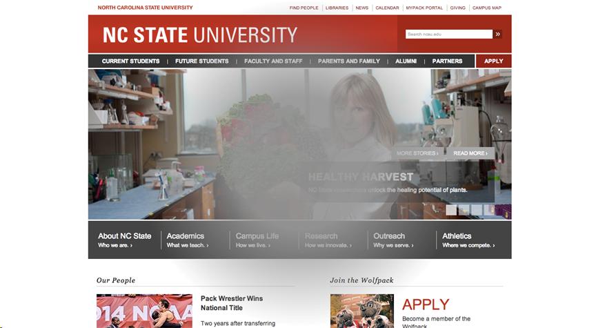 NC State University main web page with the NoCoffee filter applied, with the center of the screen obscured and only the peripheral portion of the page visible