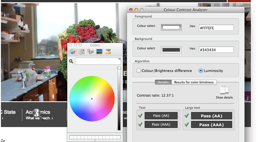 The Colour Contrast Analyser tool, selecting a particular pixel from the screen and comapring it to another pixel, showing the results of WCAG 2 contrast analysis