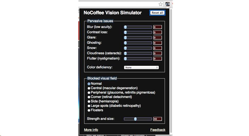 control panel for NoCoffee. It shows many different filters that can be applied to a Web page to simulate various visual impairments, from contrast loss, to color blindness, to macular degeneration