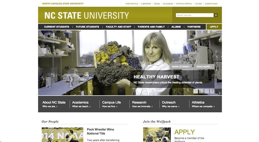 NC State University main web page with the NoCoffee filter applied, showing the effect of red-green color blindness