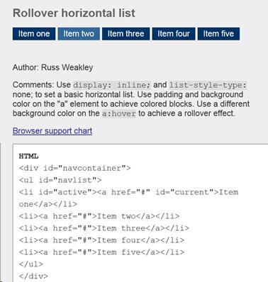 Sample of a horizontal rollover list for navigation