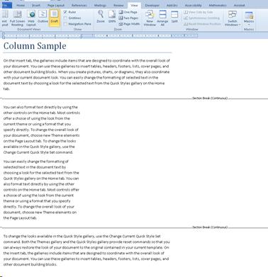 Draft view of columns in document showing section breaks