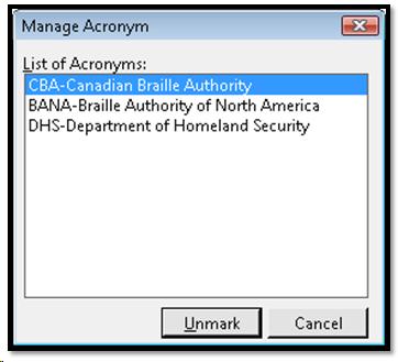 List of acronyms in a document.