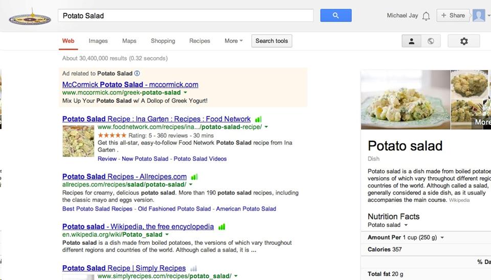 Demo of potato salad recipe search on Google  To experience the same search go to:  https://www.google.com/#q=potato+salad&tbm=rcp&tbs=rcp_tt:15,rcp_cal:100