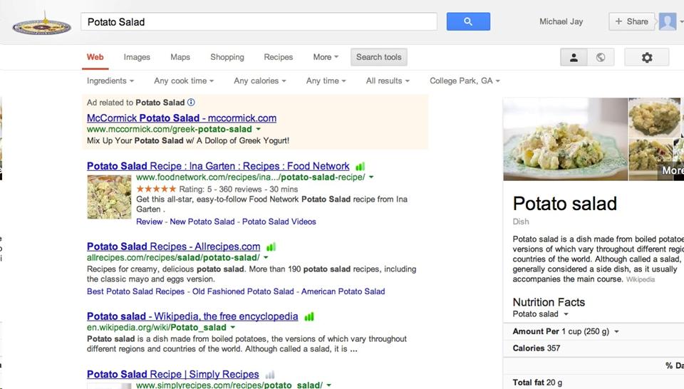 Demo of potato salad recipe search on Google  To experience the same search go to:  https://www.google.com/#q=potato+salad&tbm=rcp&tbs=rcp_tt:15,rcp_cal:100