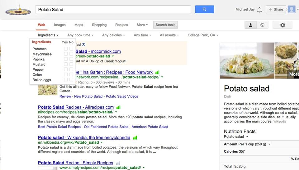 Demo of potato salad recipe search on Google  To experience the same search go to:  https://www.google.com/#q=potato+salad&tbm=rcp&tbs=rcp_tt:15,rcp_cal:100