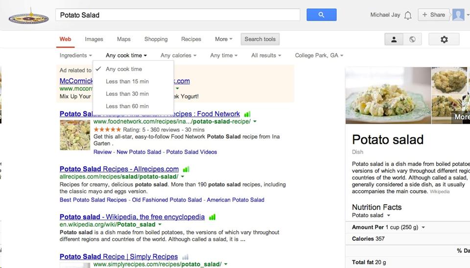 Demo of potato salad recipe search on Google  To experience the same search go to:  https://www.google.com/#q=potato+salad&tbm=rcp&tbs=rcp_tt:15,rcp_cal:100