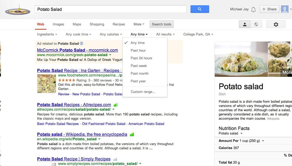 Demo of potato salad recipe search on Google  To experience the same search go to:  https://www.google.com/#q=potato+salad&tbm=rcp&tbs=rcp_tt:15,rcp_cal:100