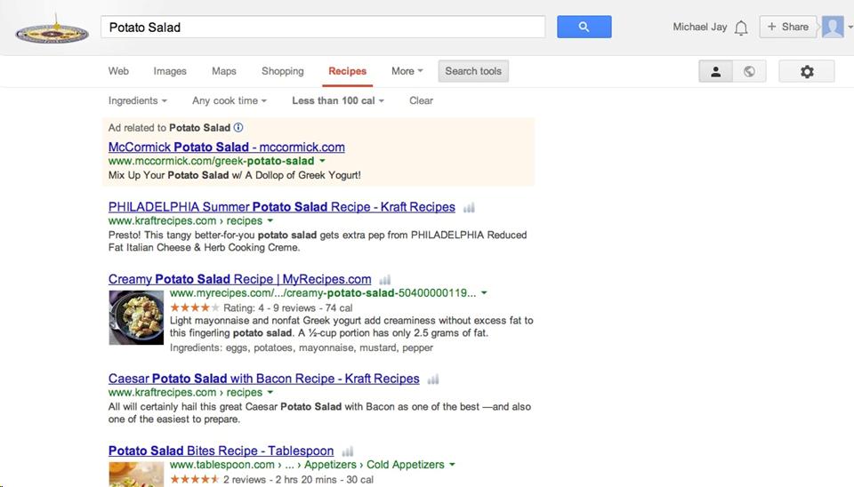 Demo of potato salad recipe search on Google  To experience the same search go to:  https://www.google.com/#q=potato+salad&tbm=rcp&tbs=rcp_tt:15,rcp_cal:100
