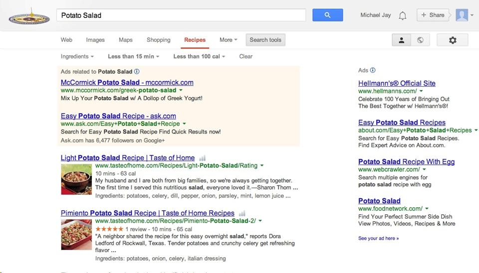 Demo of potato salad recipe search on Google  To experience the same search go to:  https://www.google.com/#q=potato+salad&tbm=rcp&tbs=rcp_tt:15,rcp_cal:100