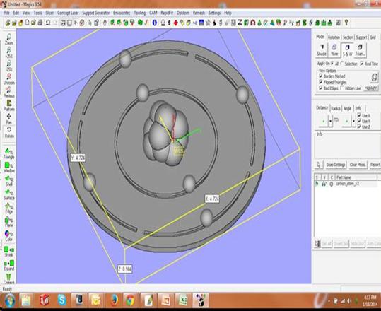 Screenshot showing 3D modeling software depicting carbon atom model.