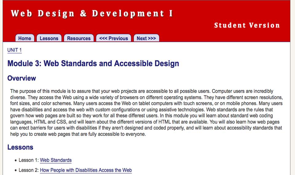 Screen shot from the Web Design & Development I curriculum