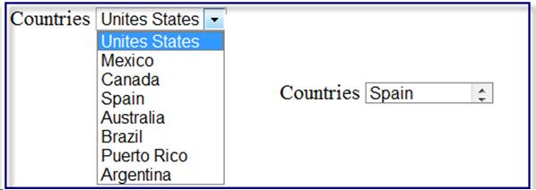 Screenshot of an example of a list/menu A list of different counties is shown in both options Menu looks like an extended list, (after clicking on an arrow) one country behind the other The list option just shows just the textfield and 2 small arrows (up/down) and the country changes inside this same textfield