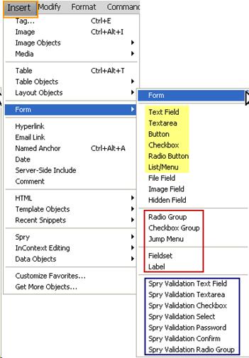 Screenshot of the Insert menu expanded. The form sub-menu has highlighted its 3 sections on different colors