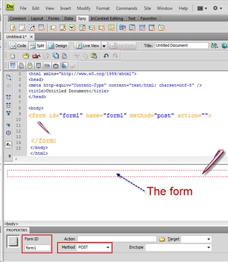 Split view of Dreamweaver after having inserted a form