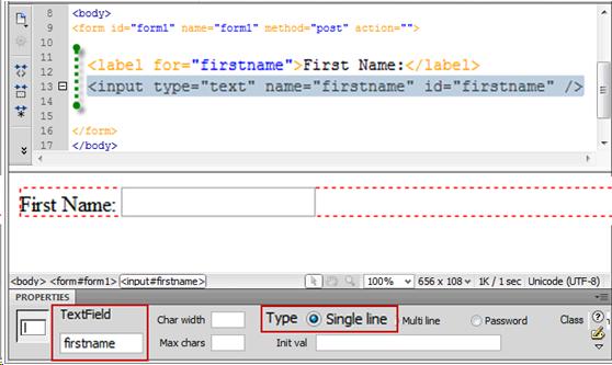 Screenshot showing in split view the form after having inserted a text field