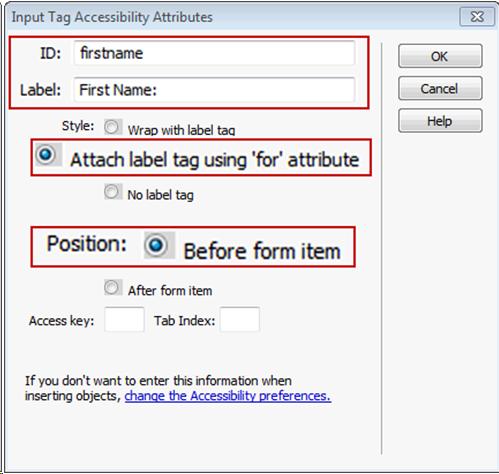 Screenshot of the Insert Tag Accessibility Attribute filled up for the first name text field